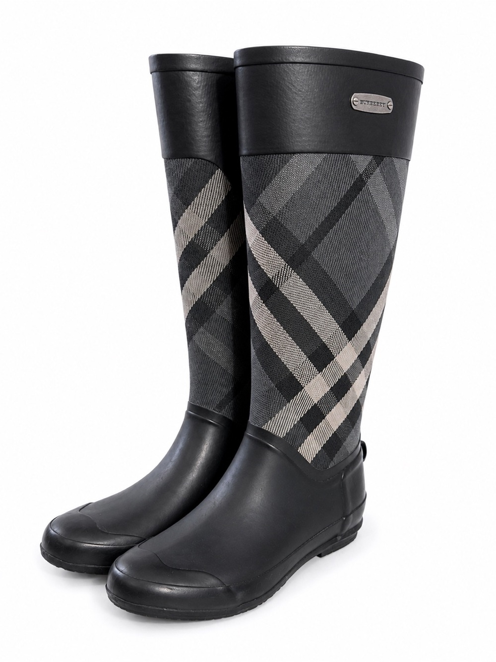 Burberry Black & Gray Plaid Tall Rain Boots